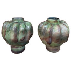 1990s Pair of Sculptural Glazed Ceramic Vases in Shades of Green