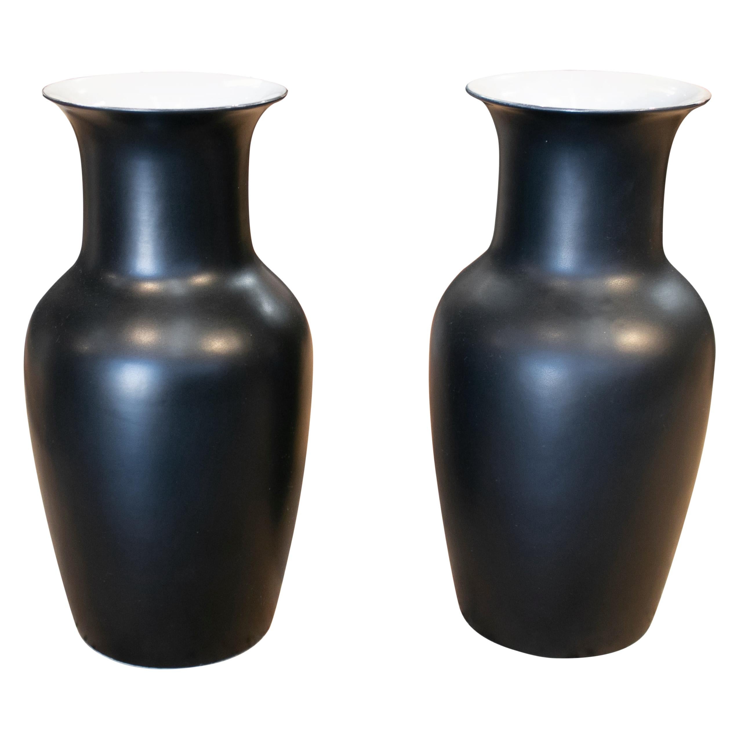 1990s Pair of Spanish Black Matte Finish Ceramic Vases