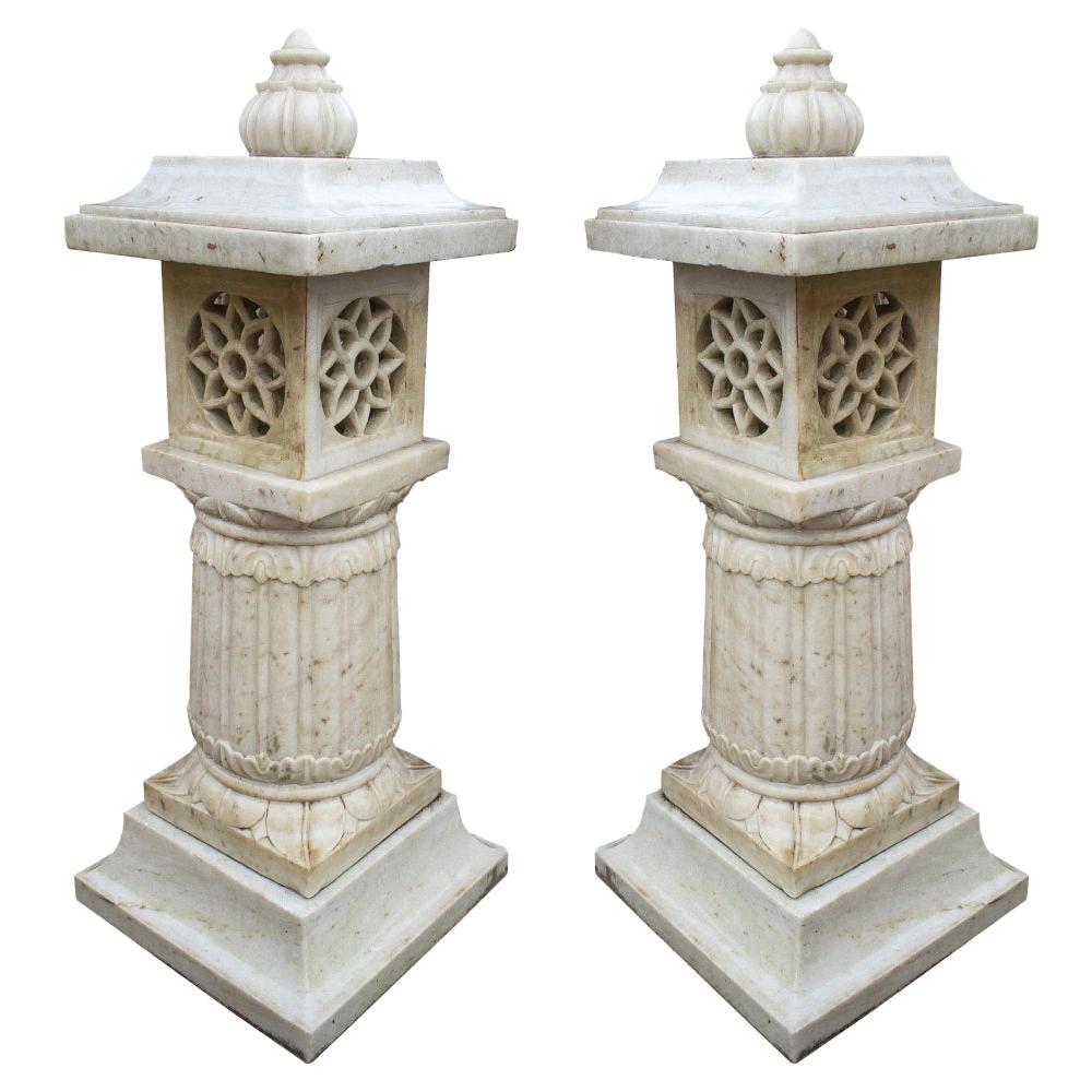 1990s Pair of Spanish Hand Carved Aged White Marble Garden Lamps