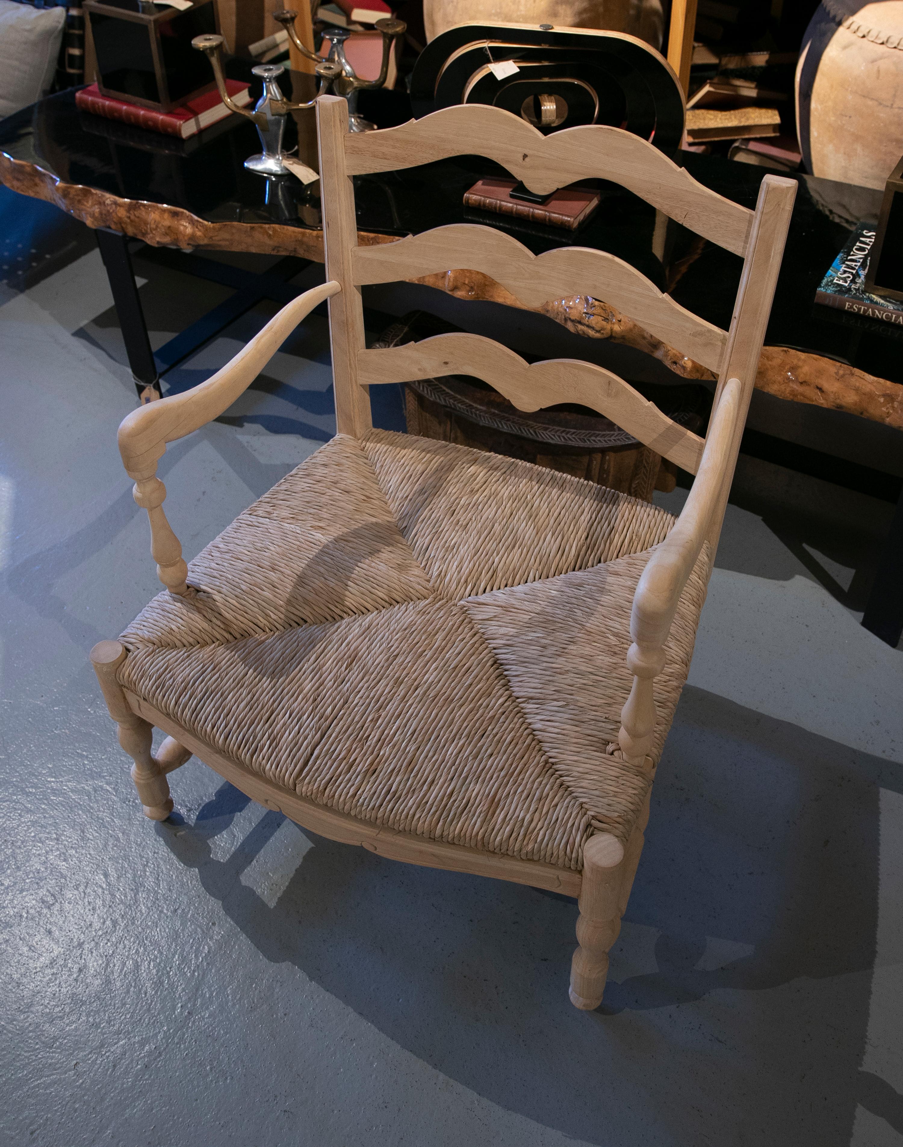1990s Pair of Spanish Wooden Armchairs w/ Woven Bulrush Seats For Sale 3