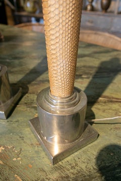 1990s Pair of Table Lamps Made of Leather and Steel
