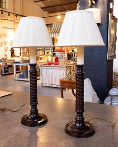 1990s Pair of Table Lamps with Turned Shaft in Dark Bronze