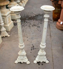 1990s Pair of Tall Cast Iron Candlesticks with an Aged White Finish