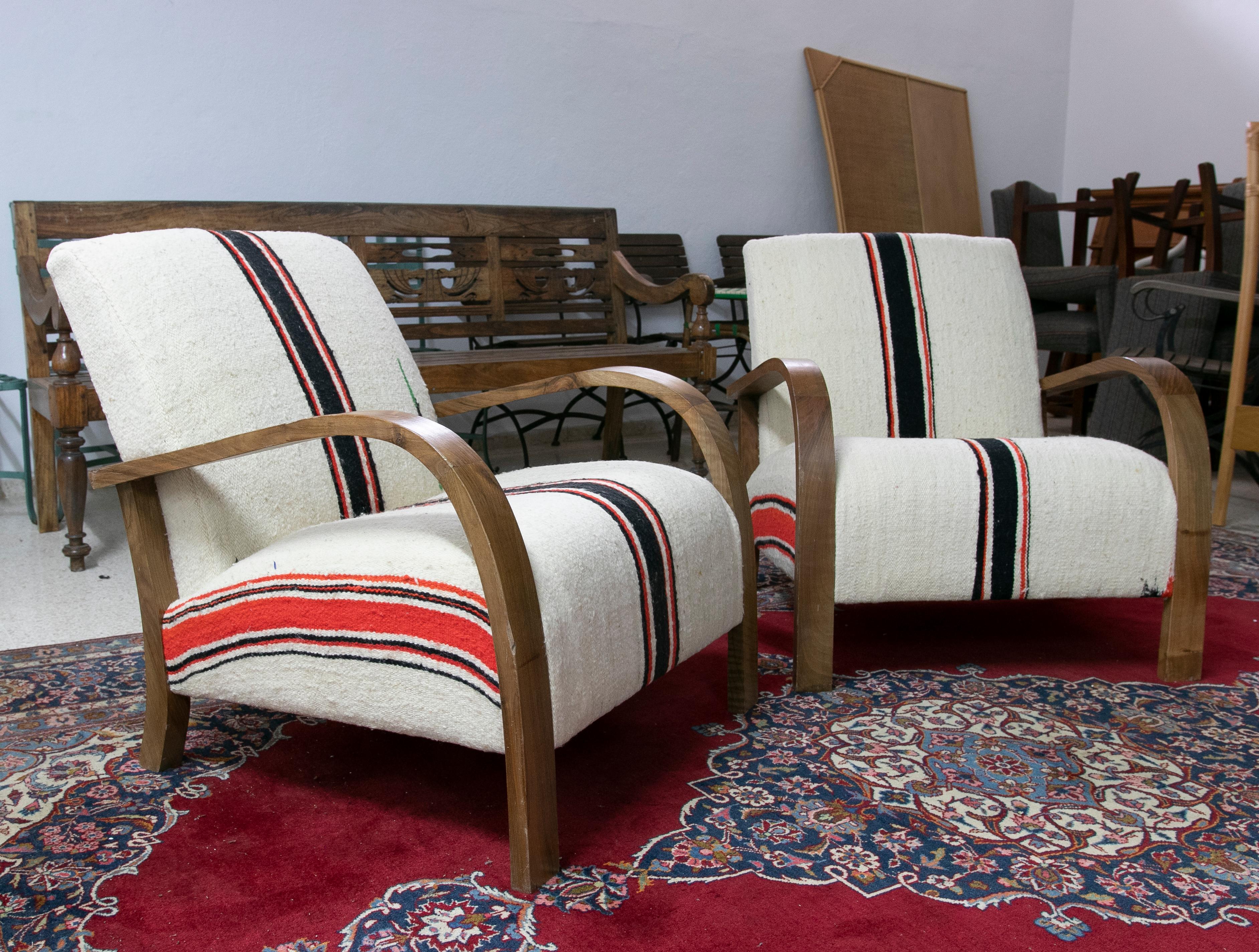 Spanish 1990s Pair of Upholstered Wooden Armchairs