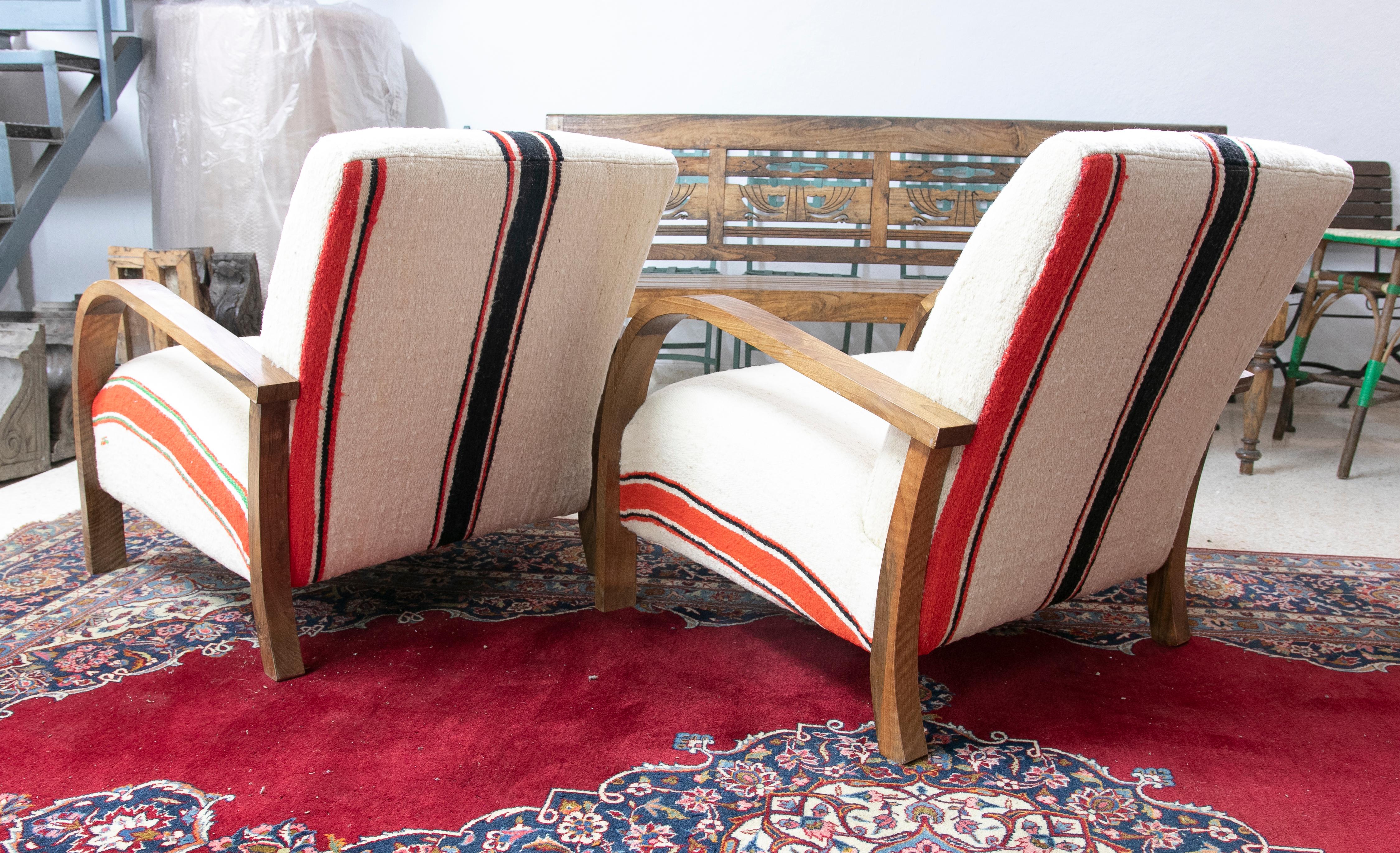 20th Century 1990s Pair of Upholstered Wooden Armchairs