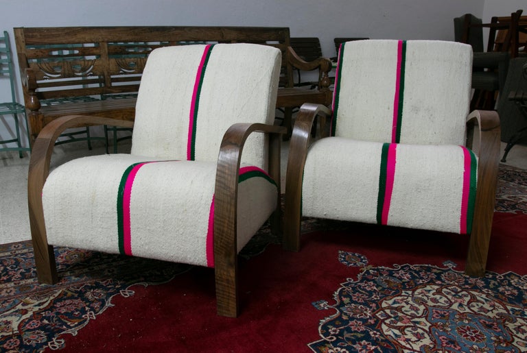 1990s Pair of Upholstered Wooden Armchairs For Sale at 1stDibs