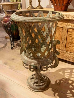 1990s Pair of Vintage Iron Planters with an Aged White Finish