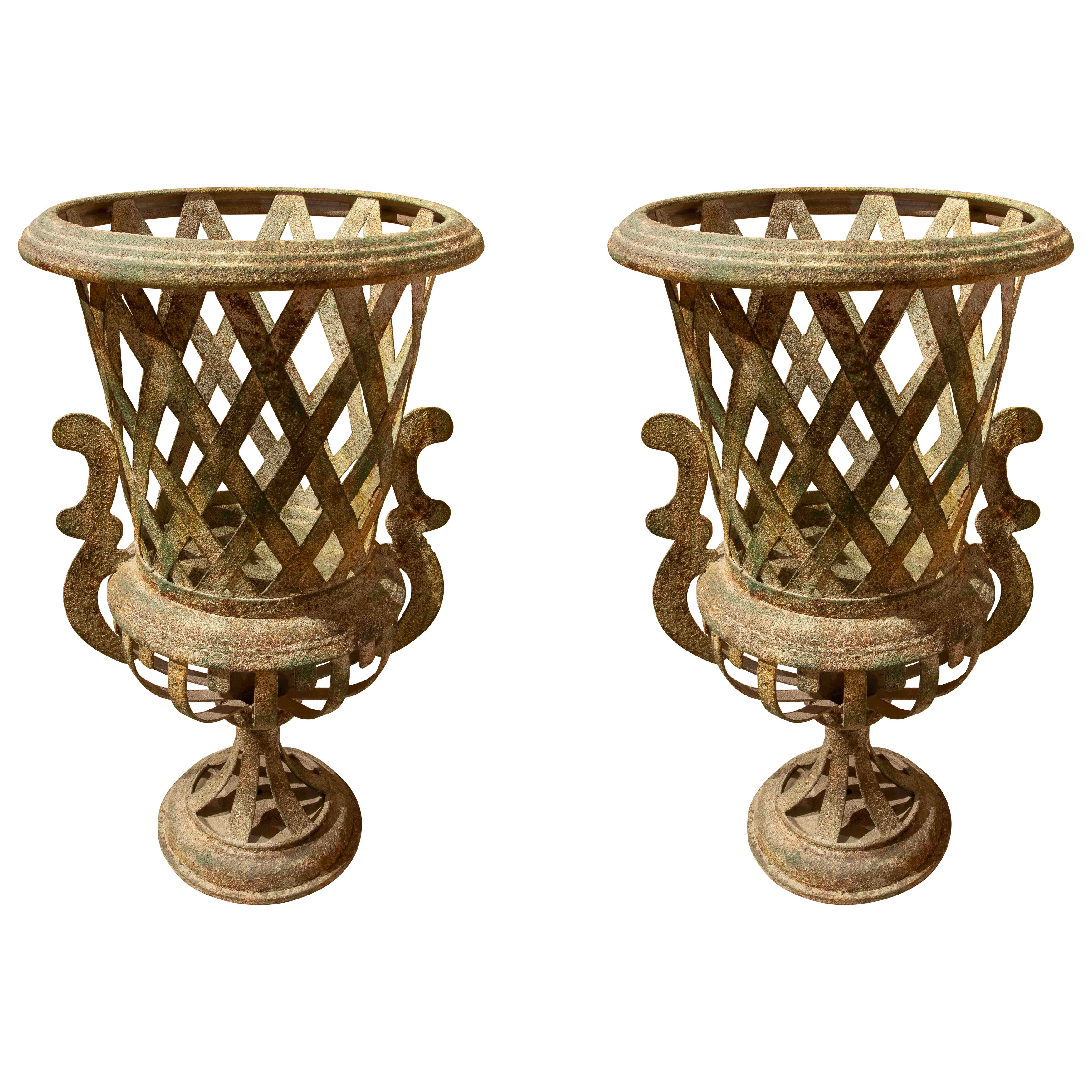 1990s Pair of Vintage Iron Planters with an Aged White Finish