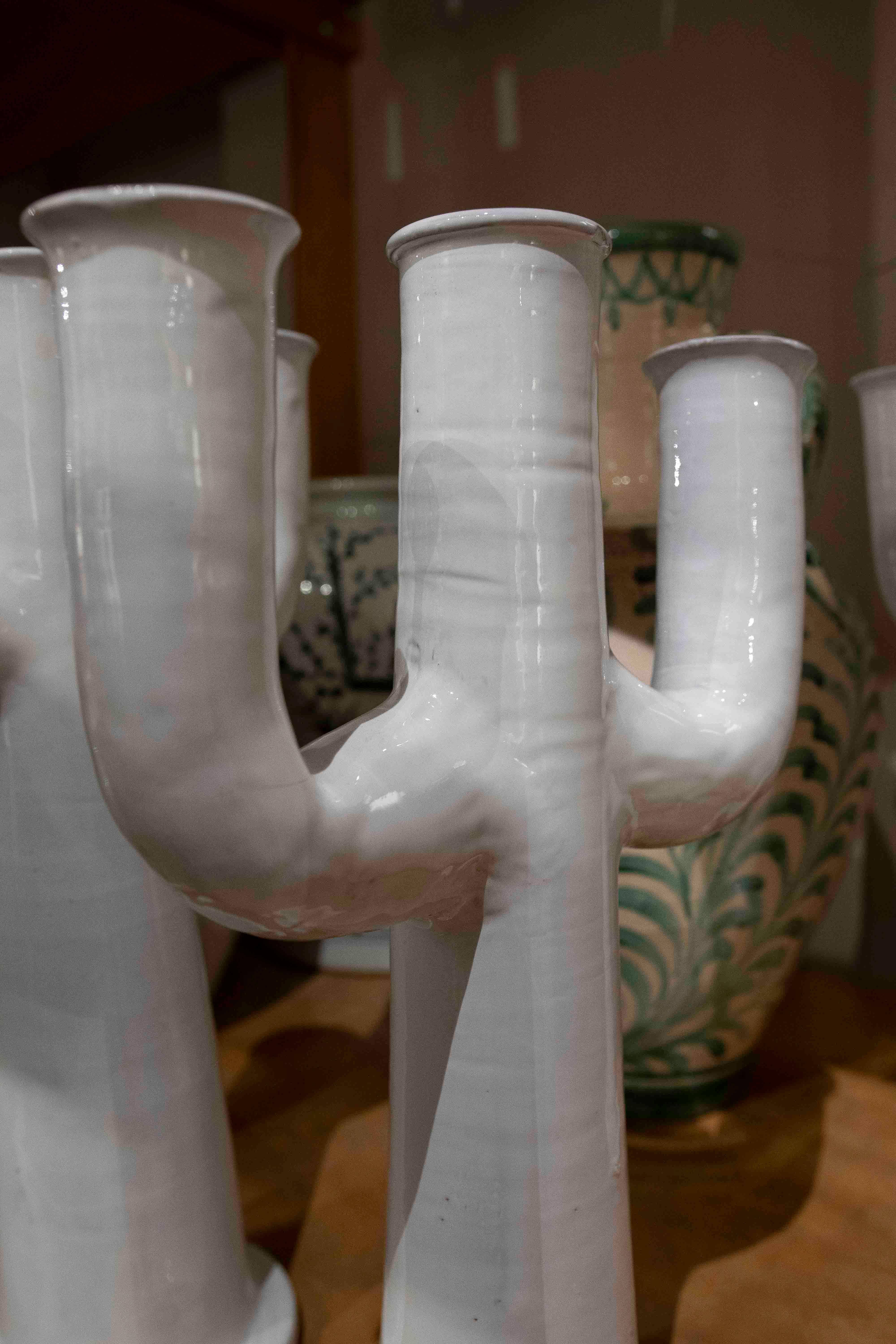 1990s Pair of White Ceramic Cactus-Shaped Candlesticks For Sale 4