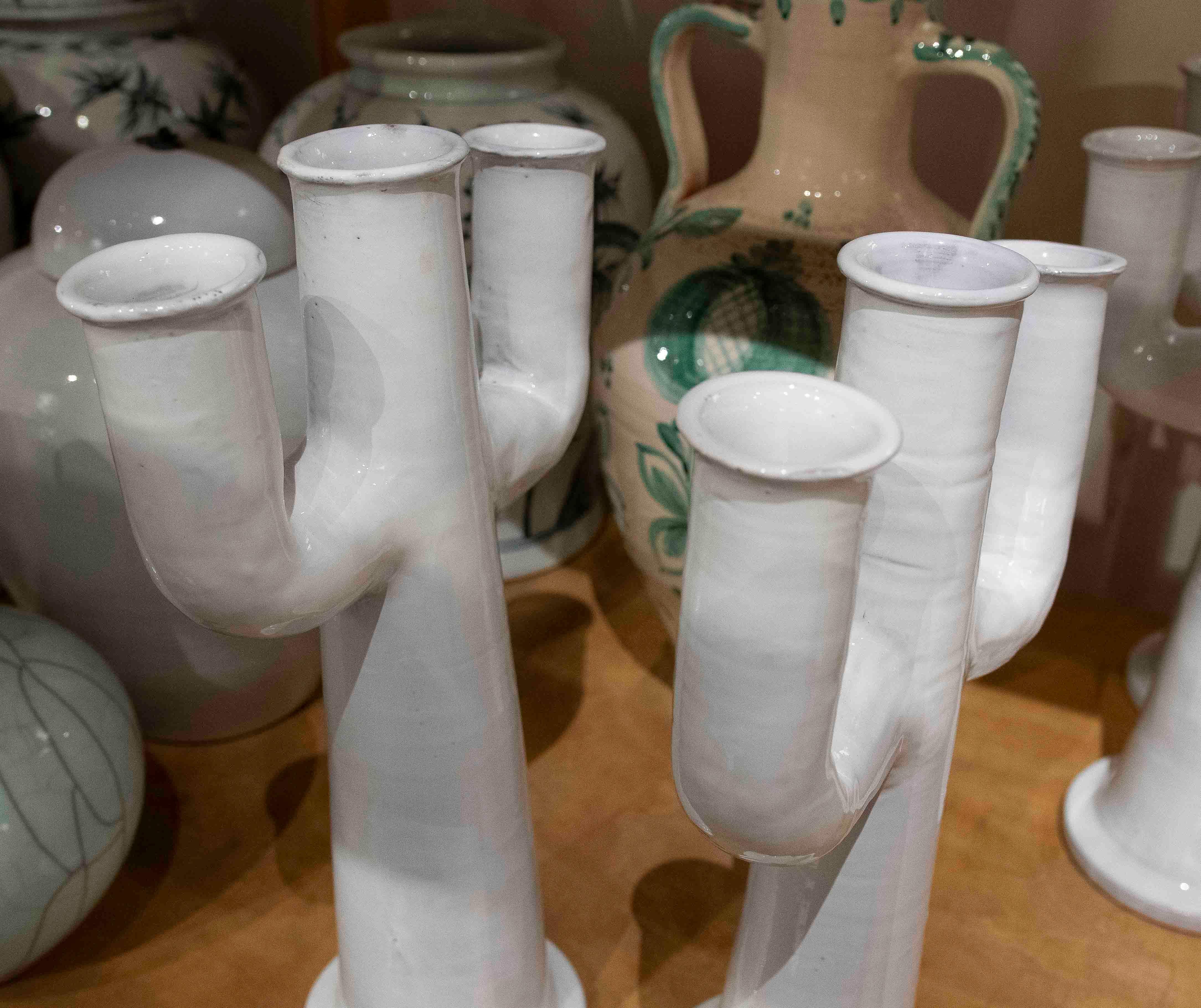 1990s Pair of White Ceramic Cactus-Shaped Candlesticks For Sale 5