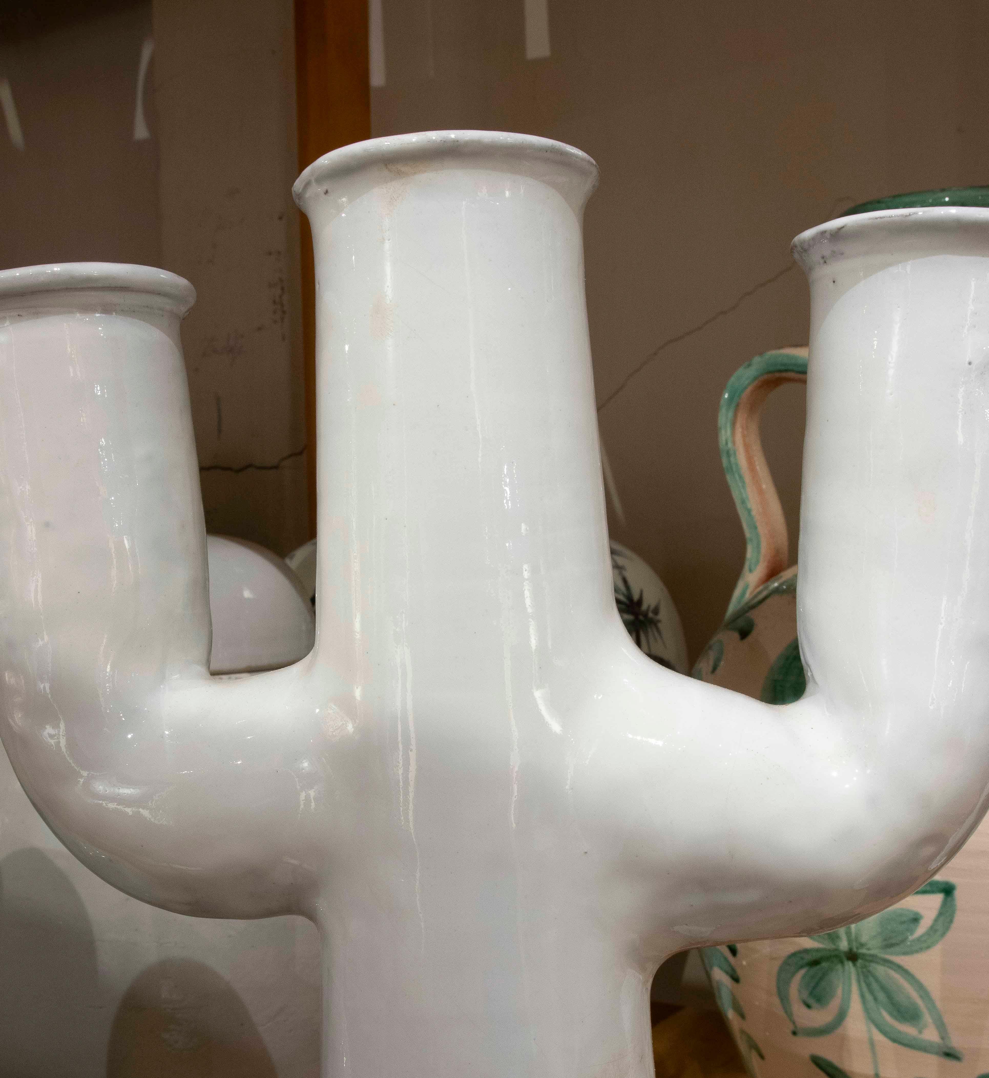 Spanish 1990s Pair of White Ceramic Cactus-Shaped Candlesticks For Sale