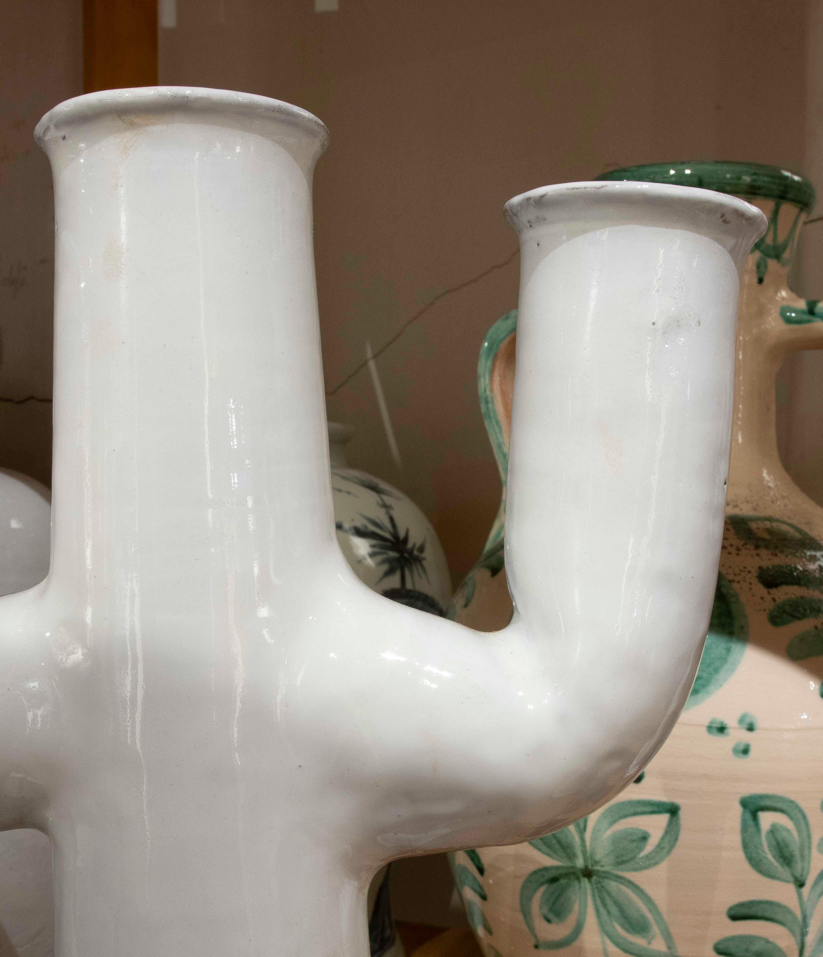 Glazed 1990s Pair of White Ceramic Cactus-Shaped Candlesticks For Sale