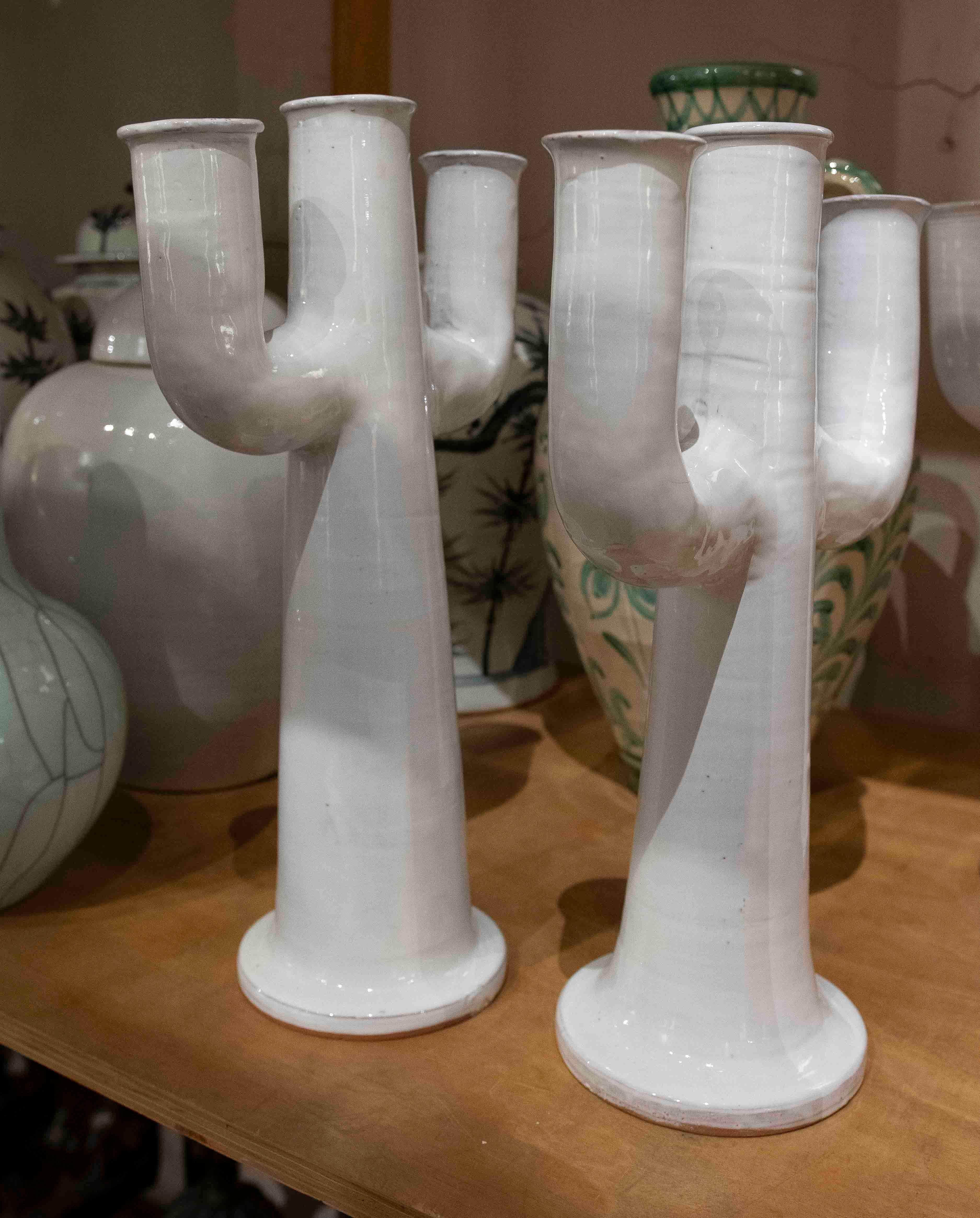 1990s Pair of White Ceramic Cactus-Shaped Candlesticks For Sale 2