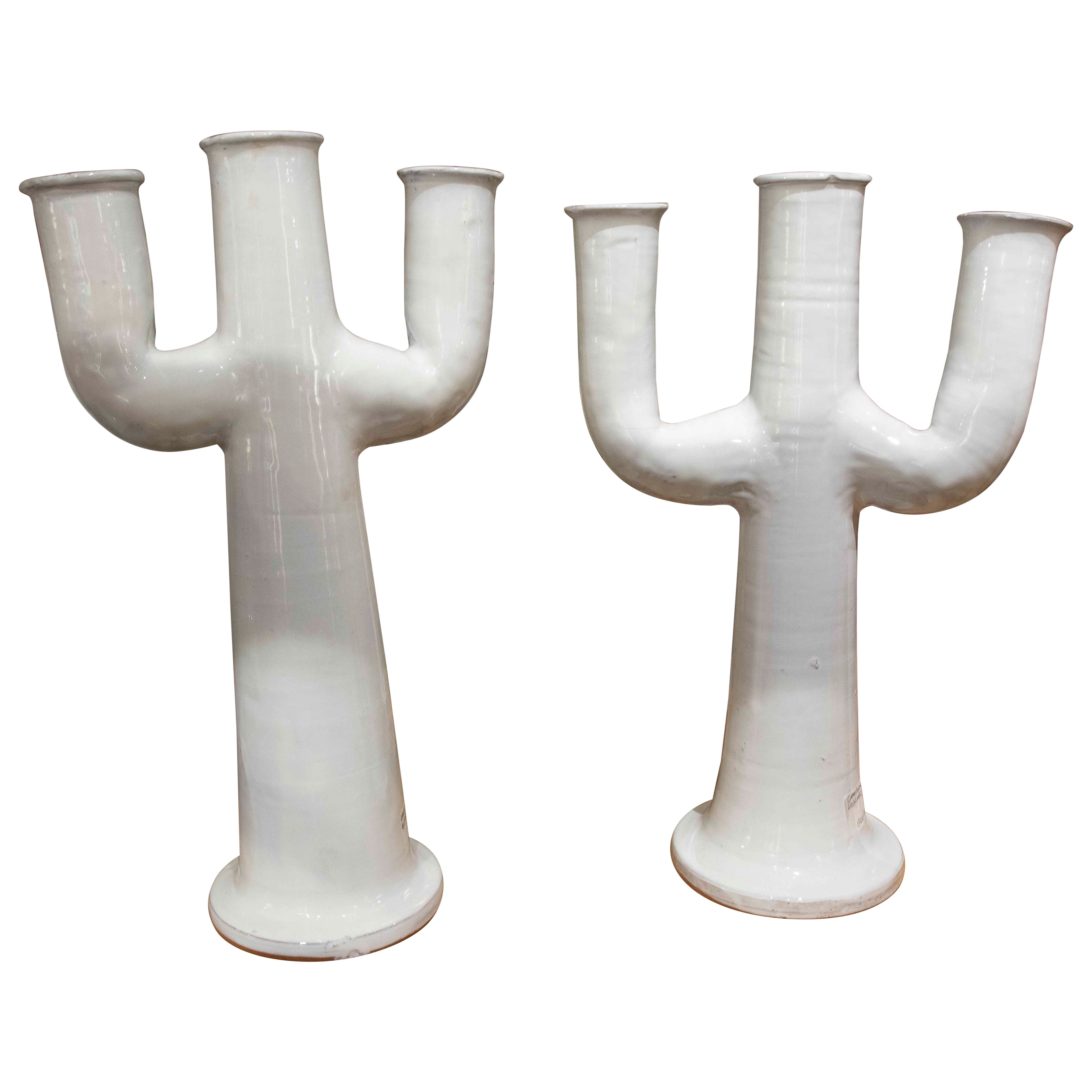 1990s Pair of White Ceramic Cactus-Shaped Candlesticks
