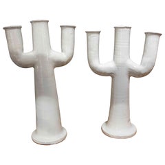 Used 1990s Pair of White Ceramic Cactus-Shaped Candlesticks