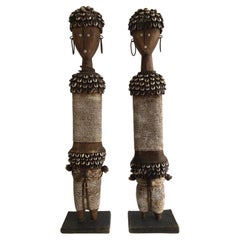 Vintage 1990s Pair of Wood And Shells Beaded Namji Dolls On Wood Bases