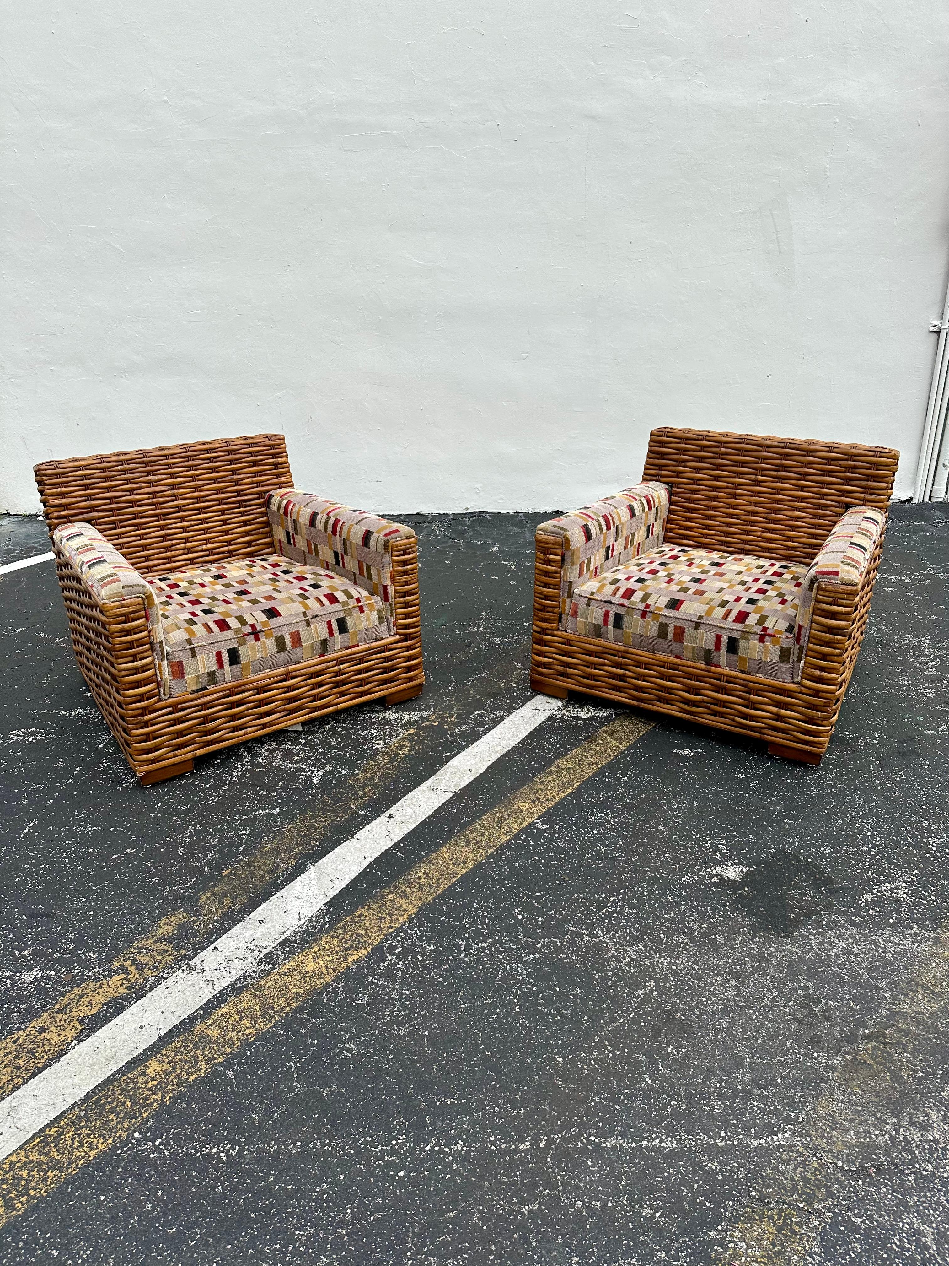 1990er Palecek Rattan Ralph Lauren Patchwork-Clubsessel im Patchwork-Stil, 2er-Set im Angebot 5