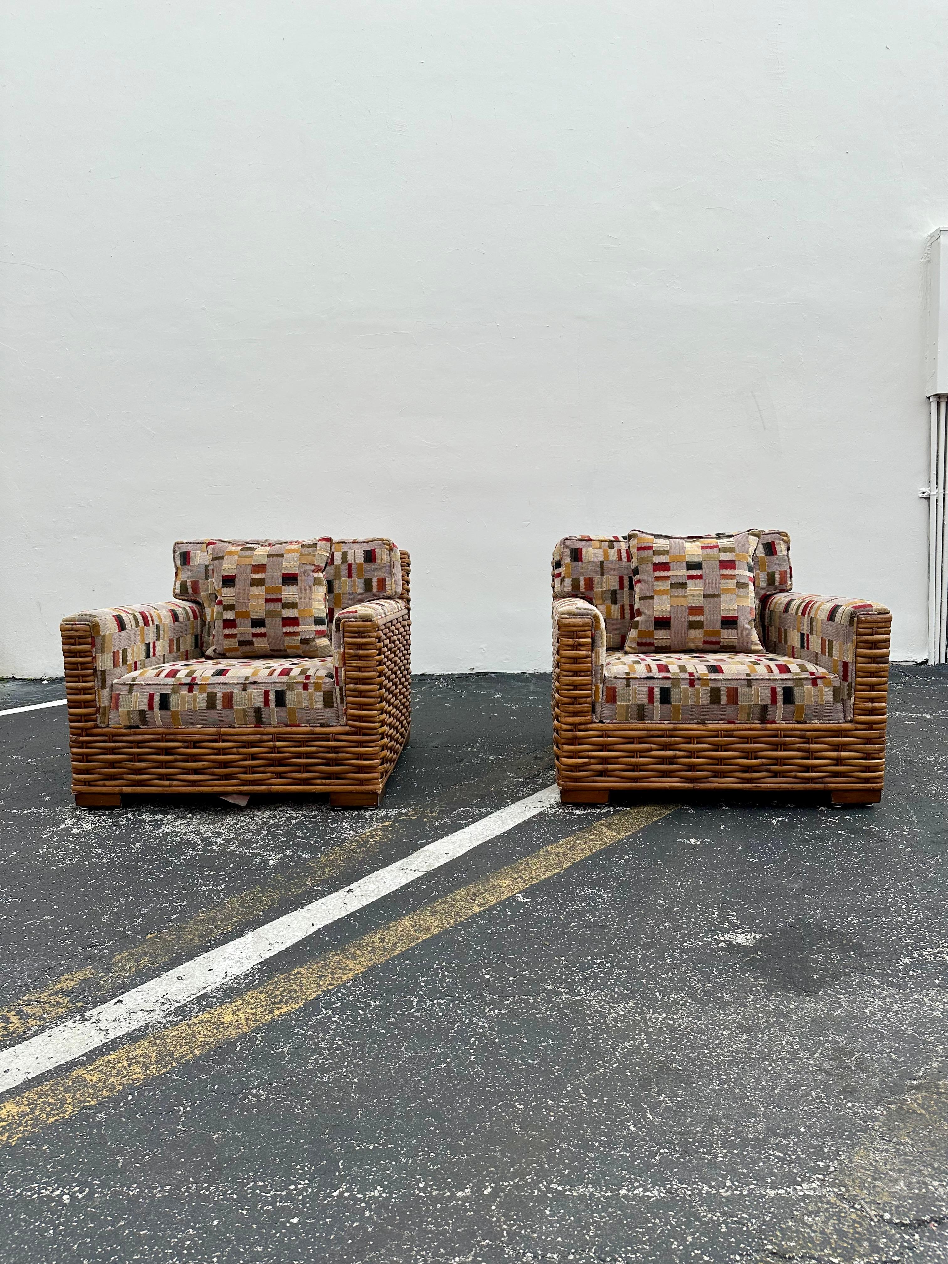 1990er Palecek Rattan Ralph Lauren Patchwork-Clubsessel im Patchwork-Stil, 2er-Set (Böhmisch) im Angebot