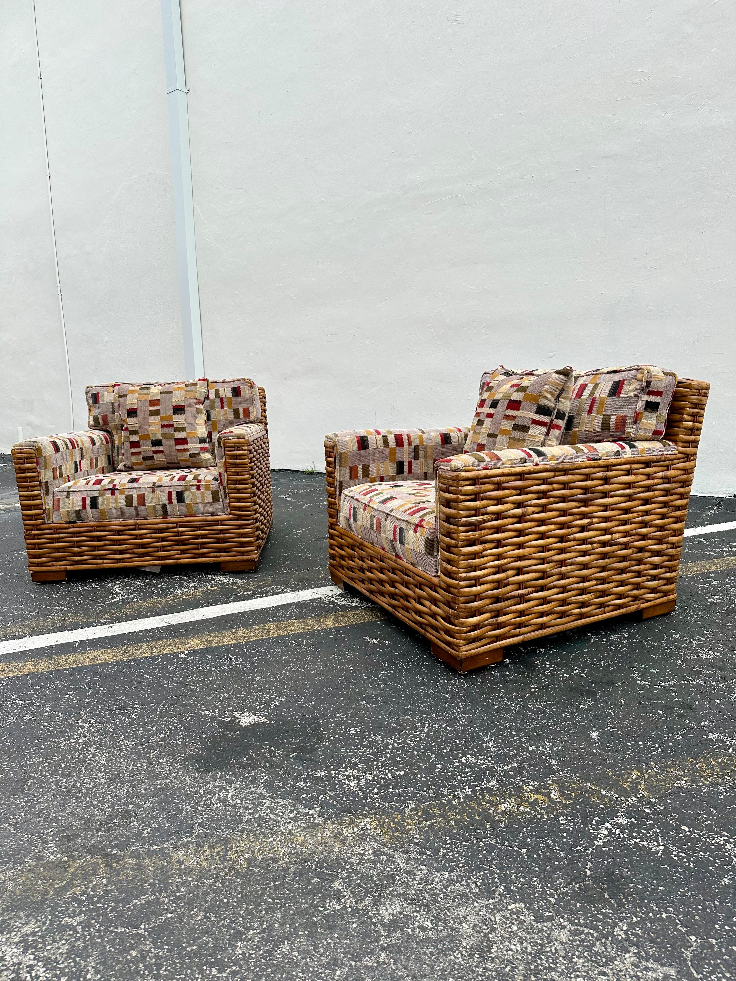 1990er Palecek Rattan Ralph Lauren Patchwork-Clubsessel im Patchwork-Stil, 2er-Set im Zustand „Gut“ im Angebot in Fort Lauderdale, FL