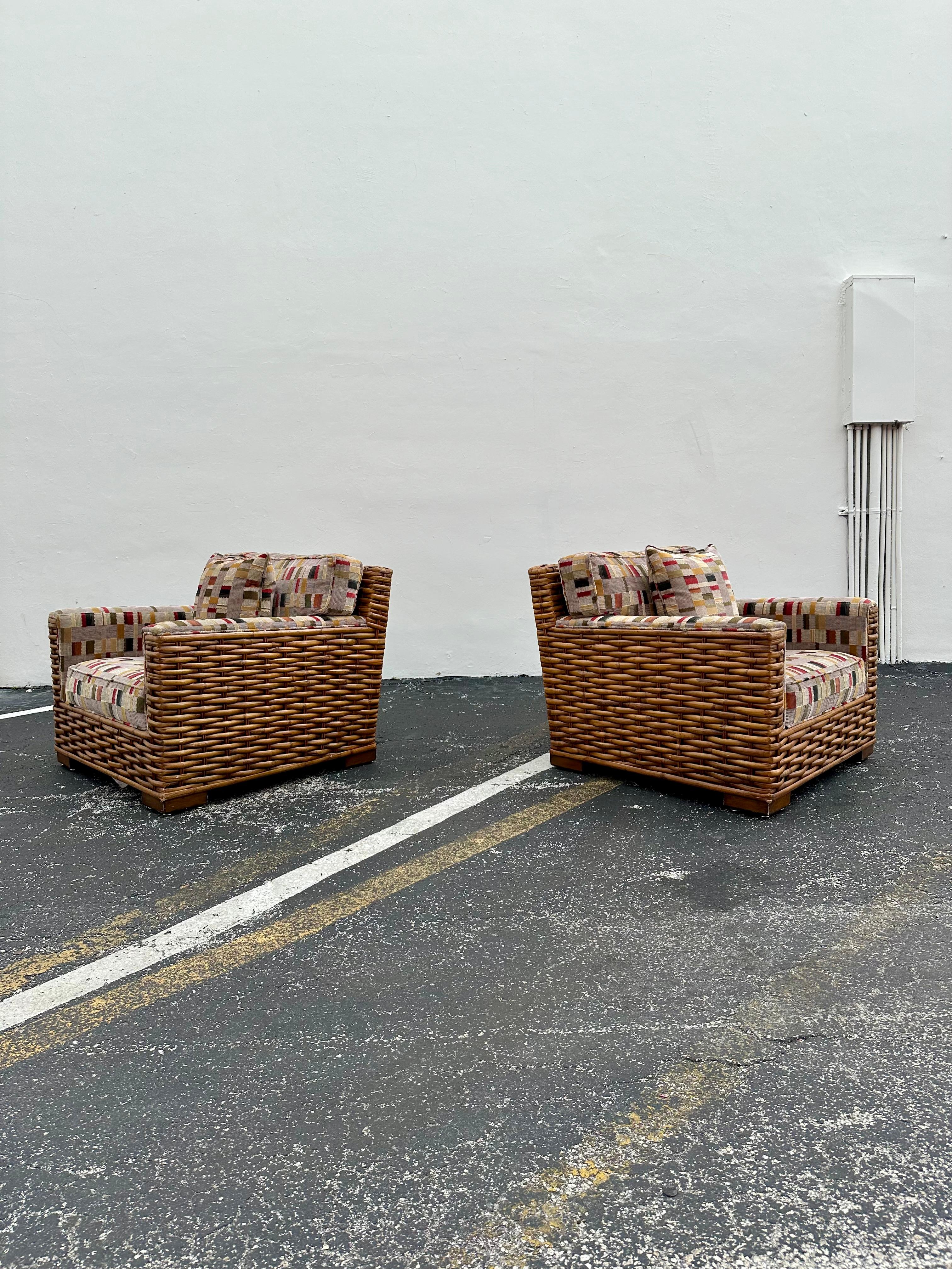1990er Palecek Rattan Ralph Lauren Patchwork-Clubsessel im Patchwork-Stil, 2er-Set (Ende des 20. Jahrhunderts) im Angebot