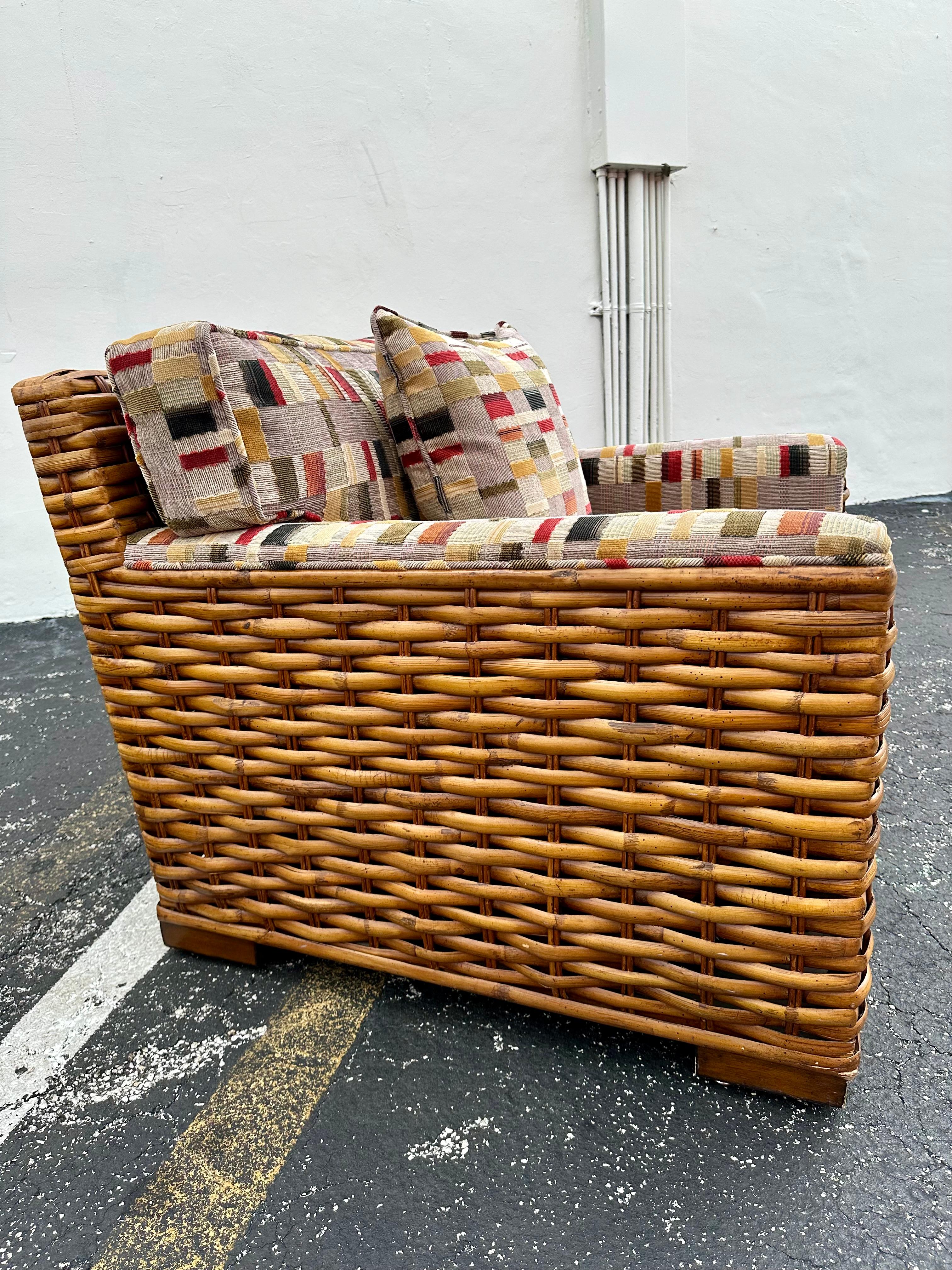 1990er Palecek Rattan Ralph Lauren Patchwork-Clubsessel im Patchwork-Stil, 2er-Set im Angebot 1