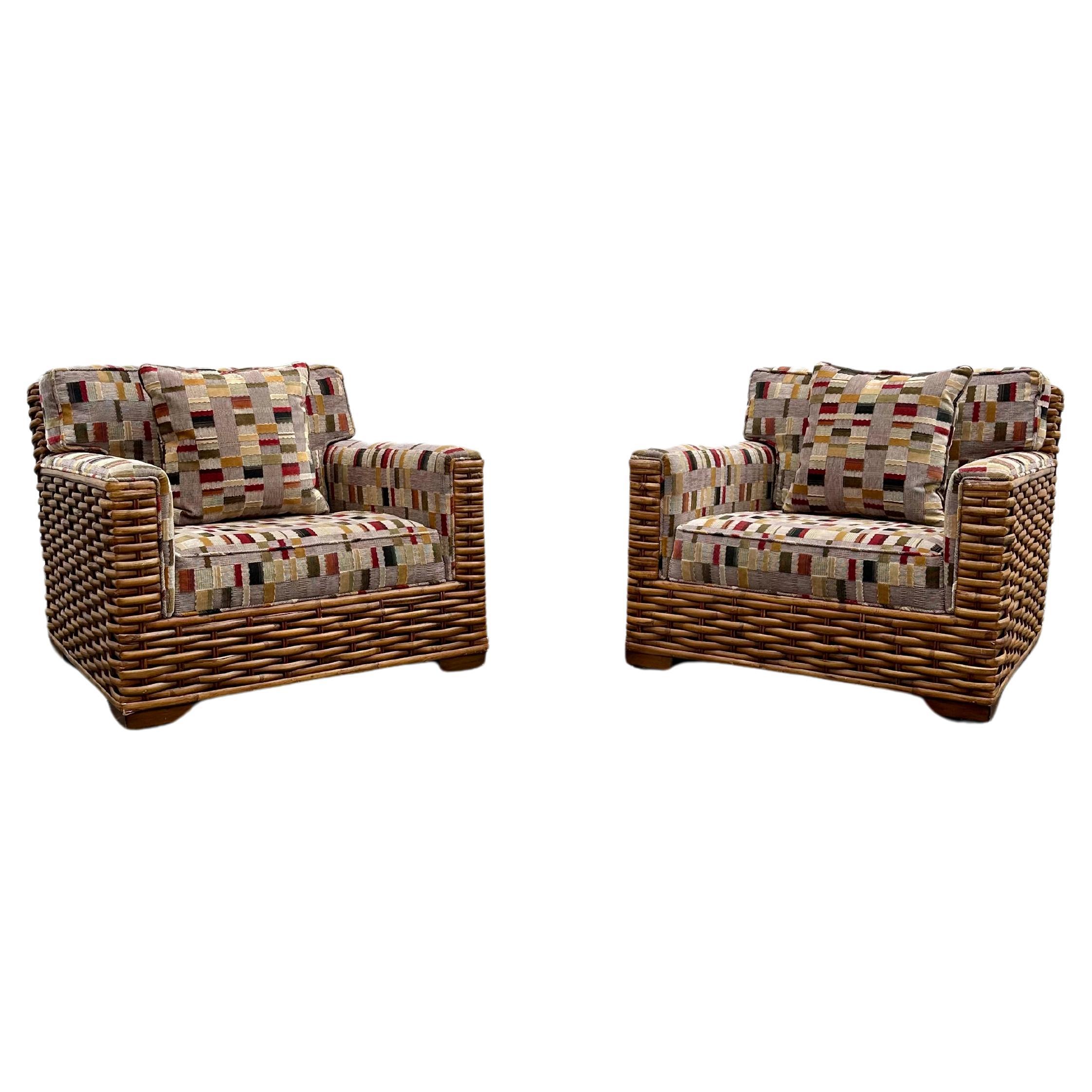 1990s Palecek Rattan Ralph Lauren Patchwork Style Club Chairs, Set of 2