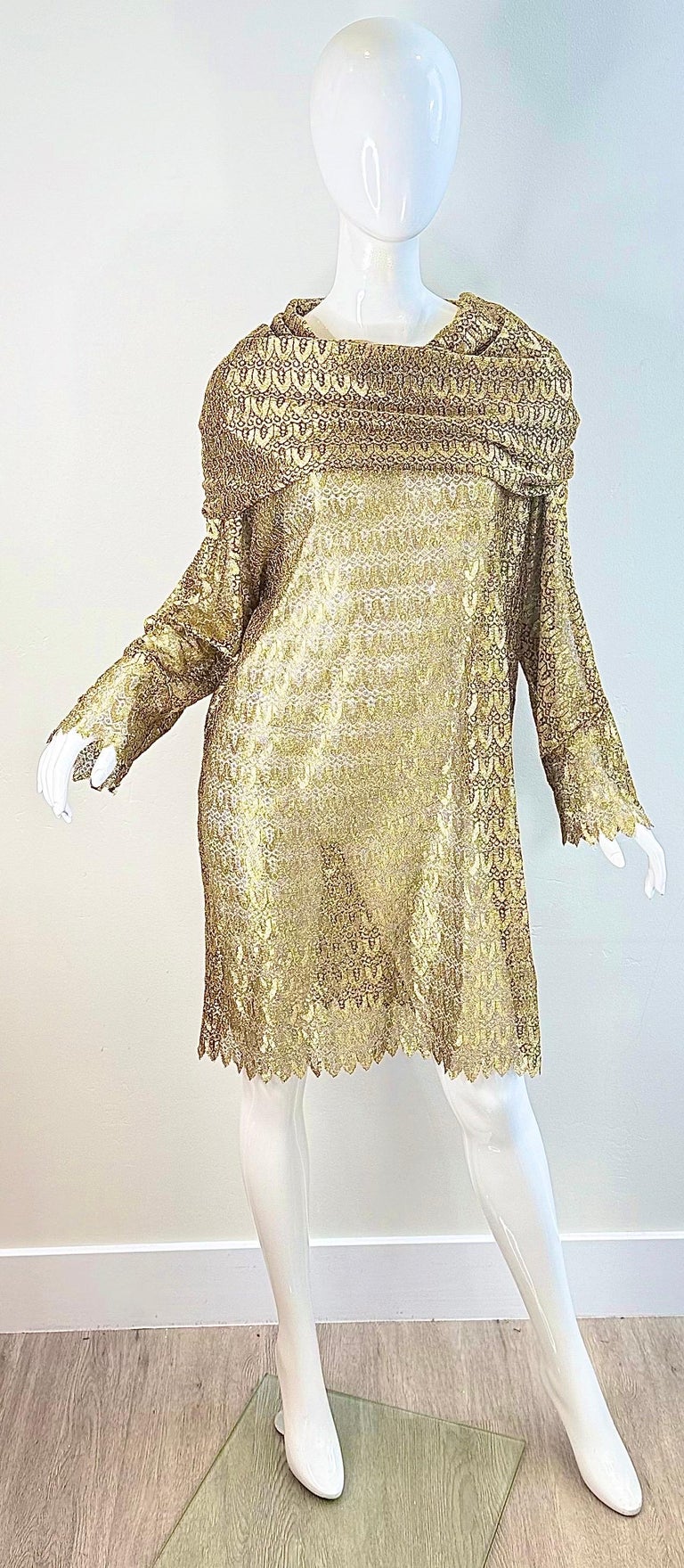 pamela dennis gold dress 1990s Metallic Linked Lace Hooded Vintage 90s Caftan remove-finalsaletagsLDW