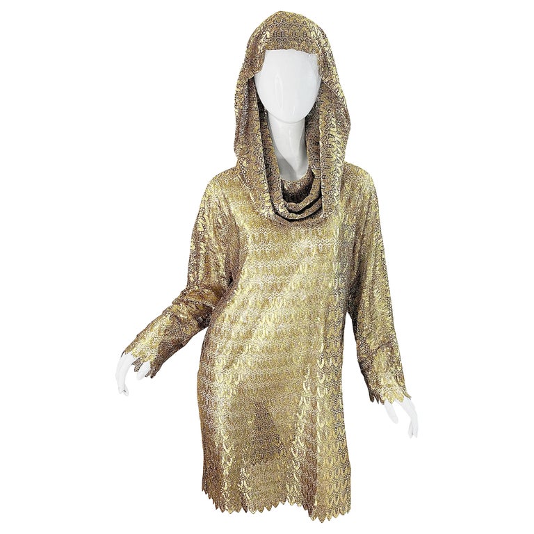 1990s Pamela Dennis Gold Metallic Linked Lace Hooded Vintage 90s Dress Caftan For Sale at 1stDibs