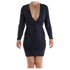 1990S PAMELA DENNIS Abito da cocktail a maniche lunghe in jersey blu navy ricoperto di pianto