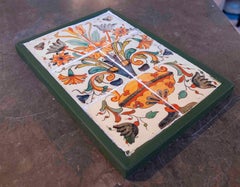 1990s Panel of Antique Tiles with Polychrome Floral Motif Framed in Wood