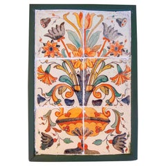1990s Panel of Antique Tiles with Polychrome Floral Motif Framed in Wood