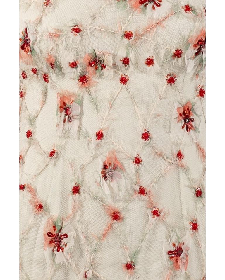 1990S Pastel Mint Green & Red Shredded Silk Chiffon Chantilly Lace Crystal Bead For Sale 5