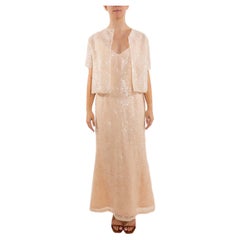 1990S Robe à doublure en soie et dentelle pailletée rose pêche pastel
