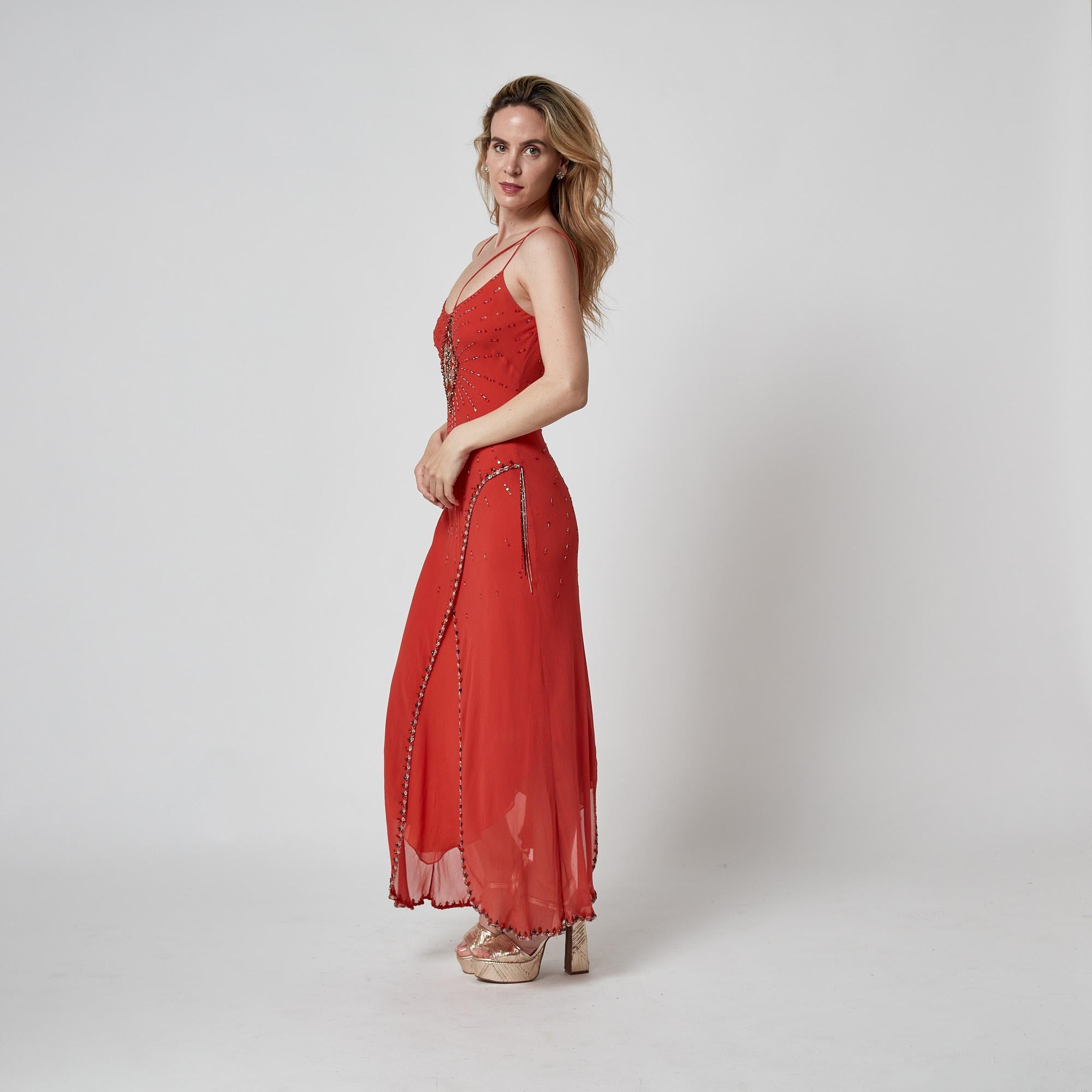 Patric Casey, un abito in seta arancione profondo con taglio in sbieco e perline, anni '90. in vendita 1