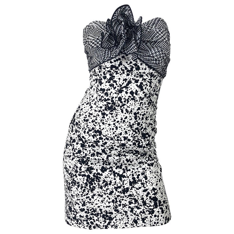 1980s Patricia Rhodes I Magnin Size 6 Black and White Vintage Strapless Dress For Sale