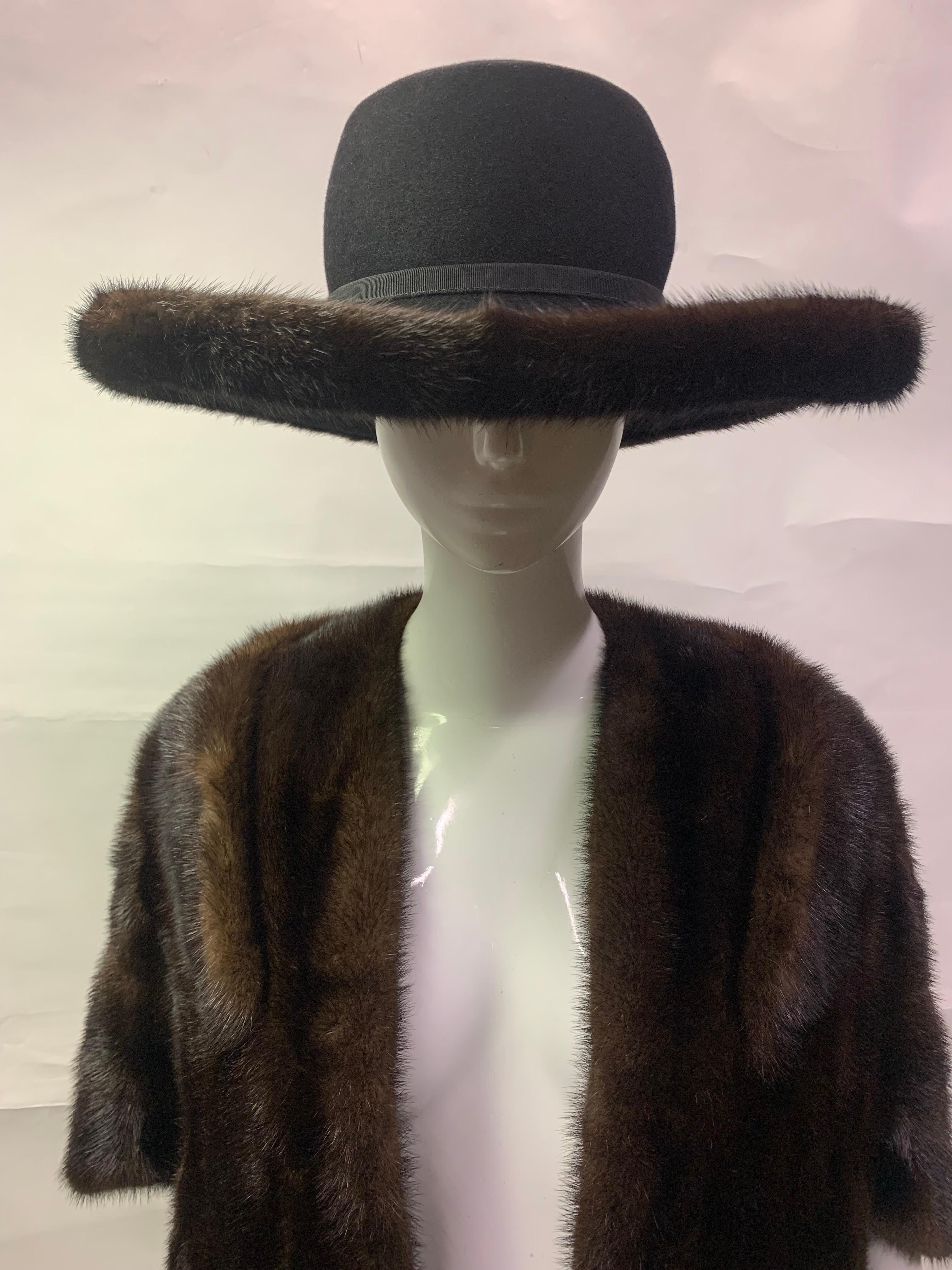 1990s Patricia Underwood Black Wool Felt Fedora w Mink Trimmed Brim & Mink Wrap:  Fabulously large brimmed fedora with a 1960s coordinating mink sculpted stole wrap. Hat is a larger size and stole is one size. Great for a holiday casual look! 