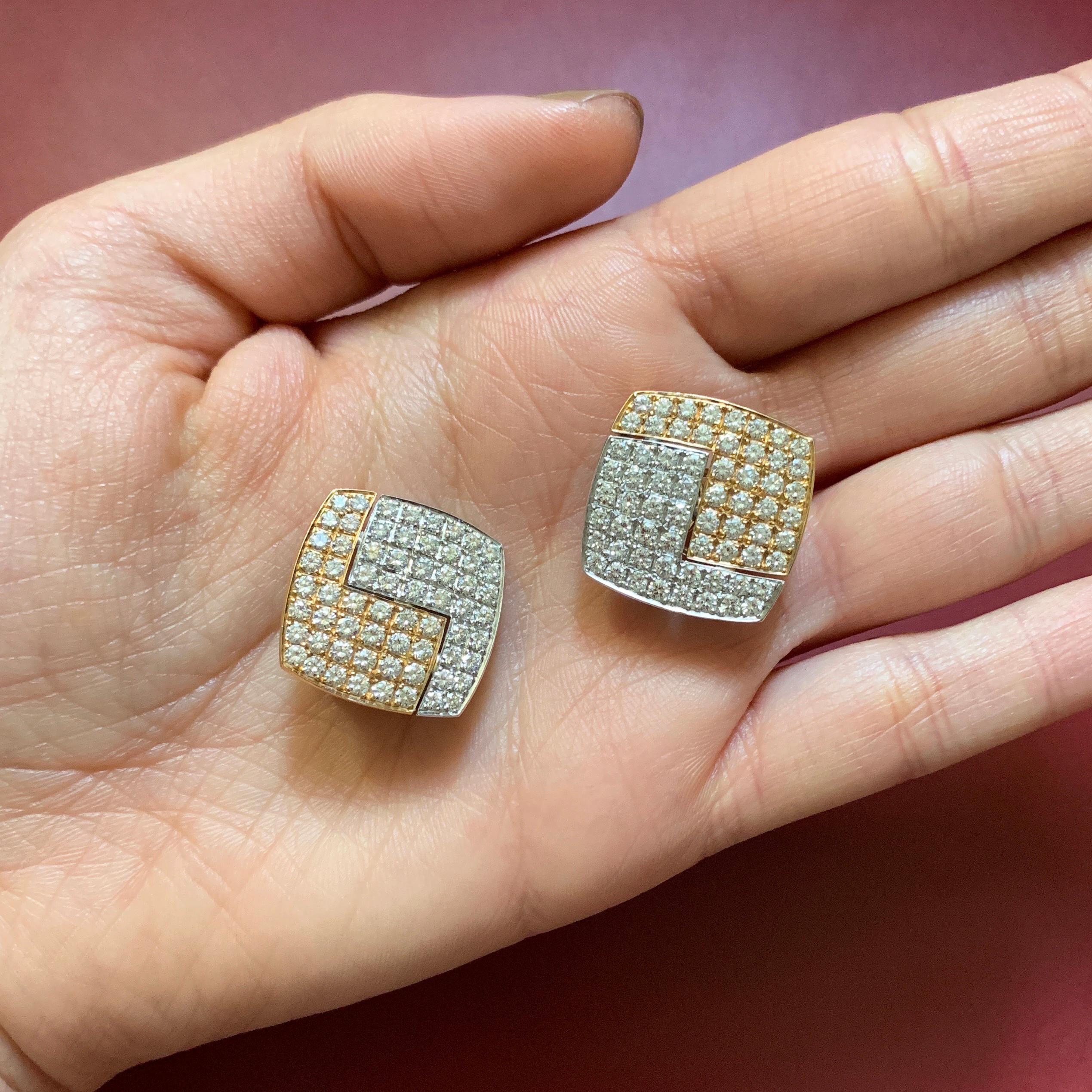 1990s Paul Binder Diamonds Gold Square Earrings In Excellent Condition In New York, NY
