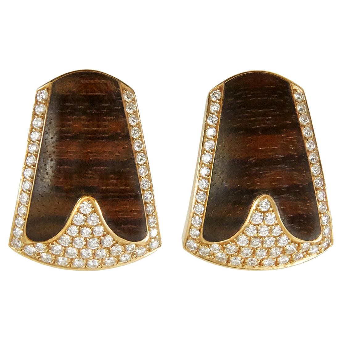 1990s Paul Binder Wood, Diamond and Gold Earrings
