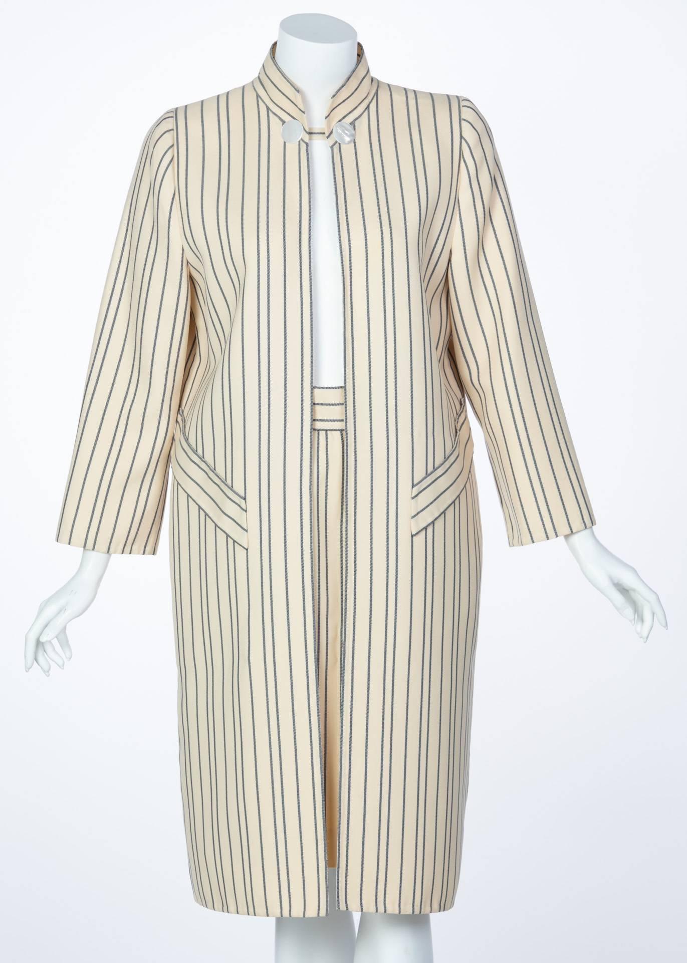 Beige 1990s Pauline Trigere creme and Navy Striped Wool Twill Coat Skirt Suit For Sale