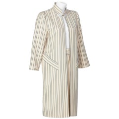 1990s Pauline Trigere creme and Navy Striped Wool Twill Coat Skirt Suit