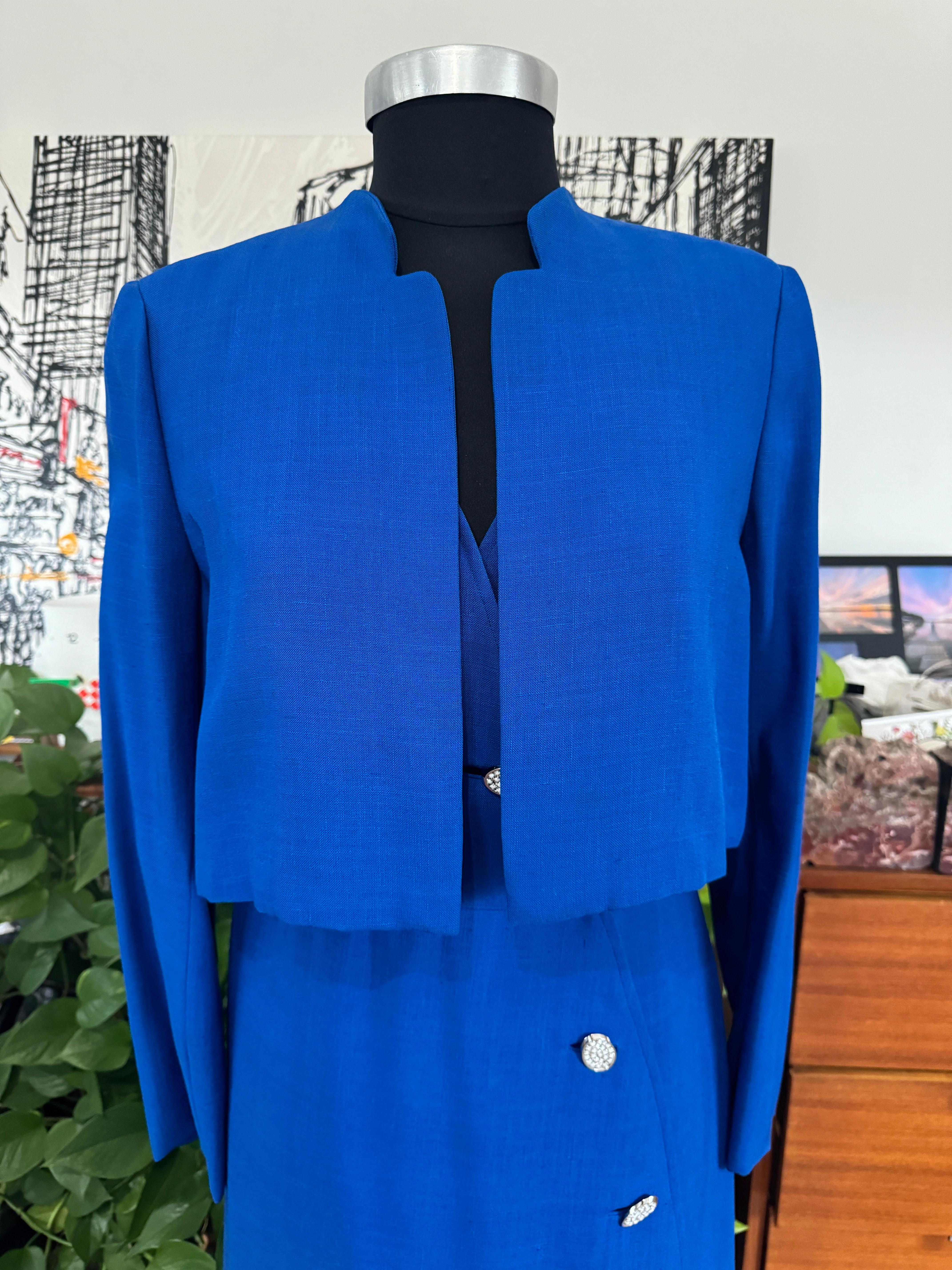 Pauline Trigere Wrap Blue Maxi Dress  Bolero Jacket 1990s For Sale 11