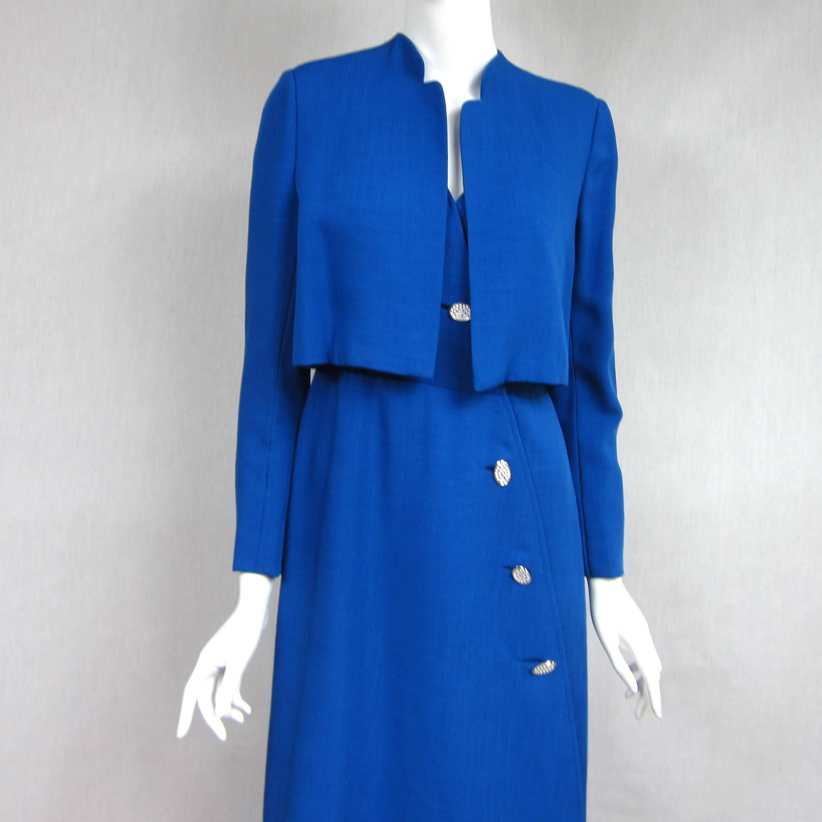 1990s Pauline Trigere Scalloped Wrap Blue Gown & Bolero Jacket  In Good Condition For Sale In Wallkill, NY