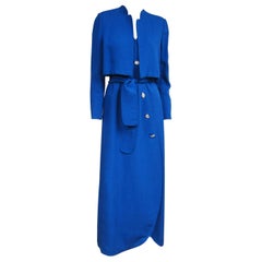 Pauline Trigere Wrap Blue Maxi Dress  Bolero Jacket 1990s