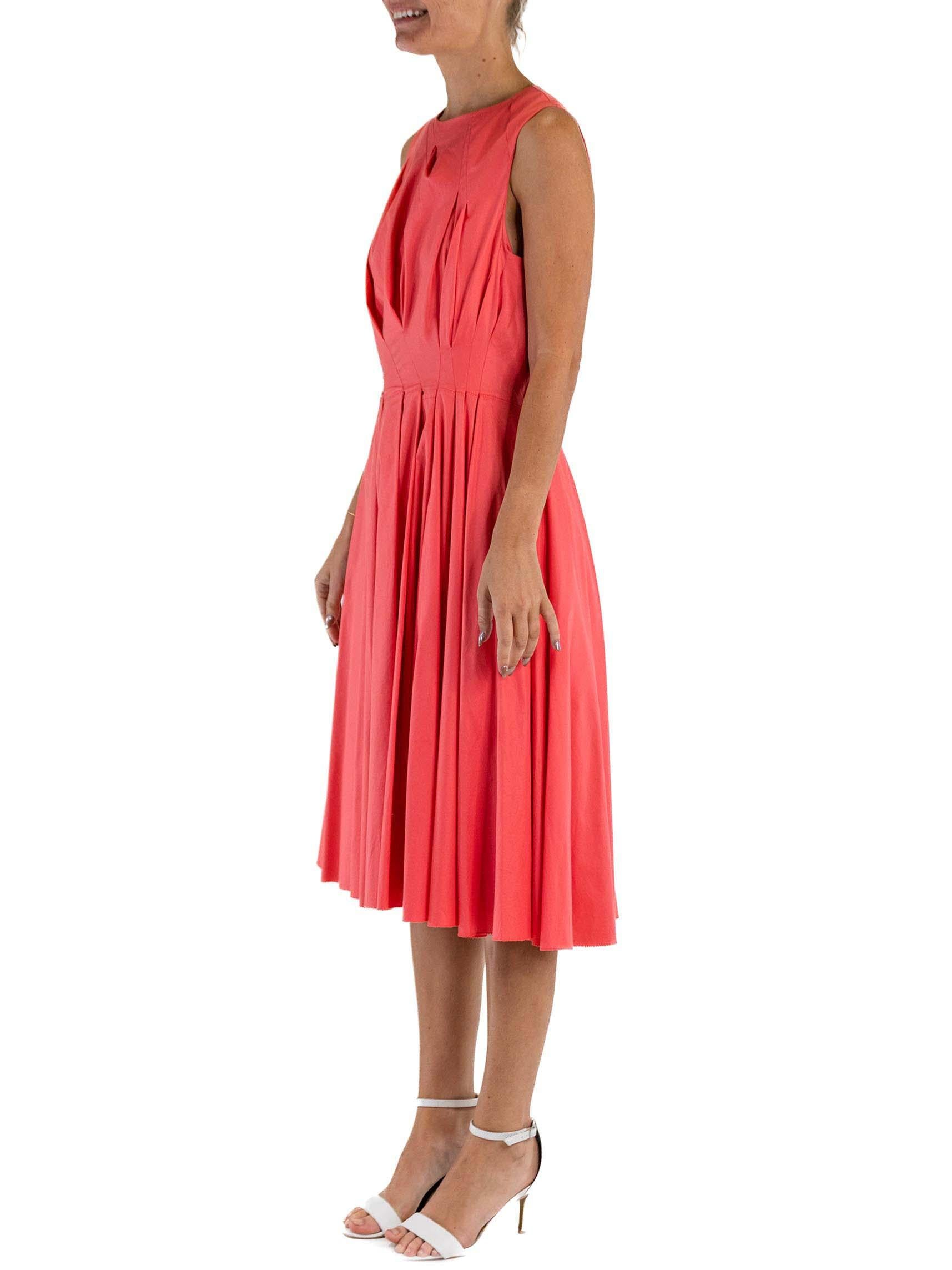 1990S Peach A Line Cotton Blend Asymetrically Pleated Dress In Excellent Condition For Sale In New York, NY