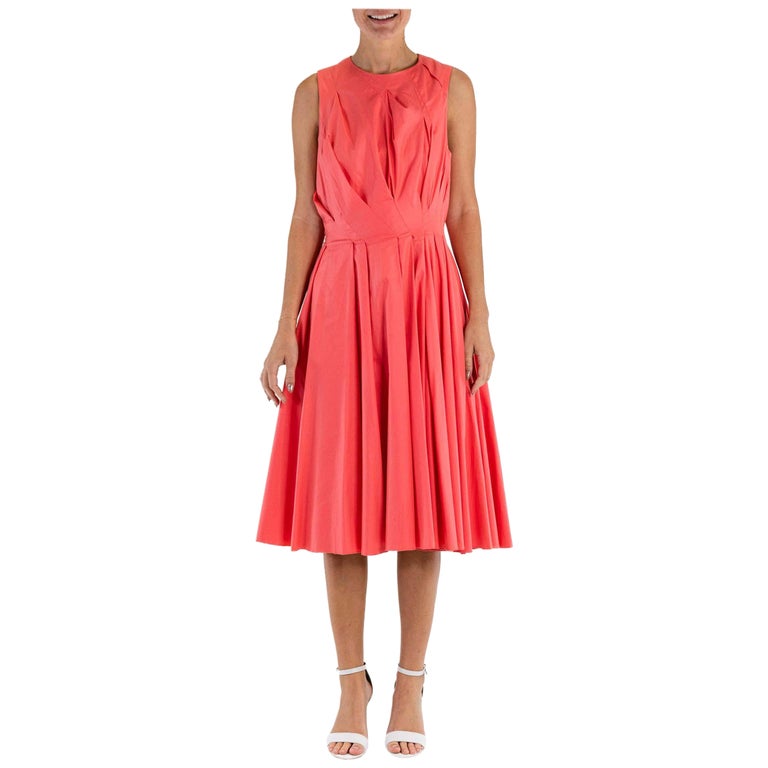 1990s Peach A Line Cotton Blend Asymetrically Pleated Dress