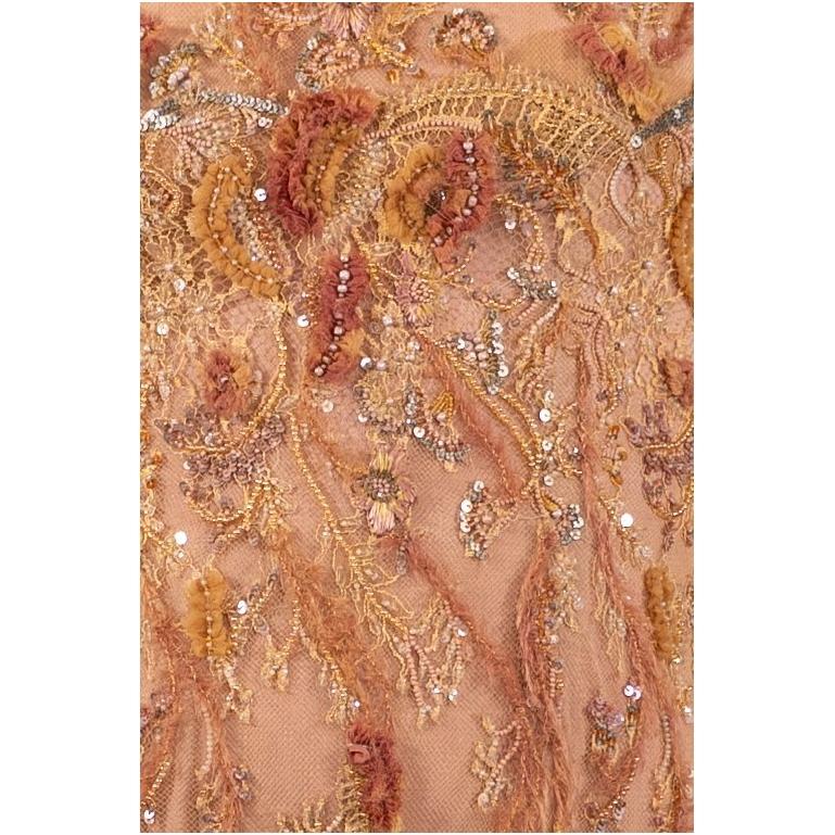 1990S Peach & Cream Silk Chiffon Chantilly Lace Empire Waist Gown Covered In Be For Sale 5