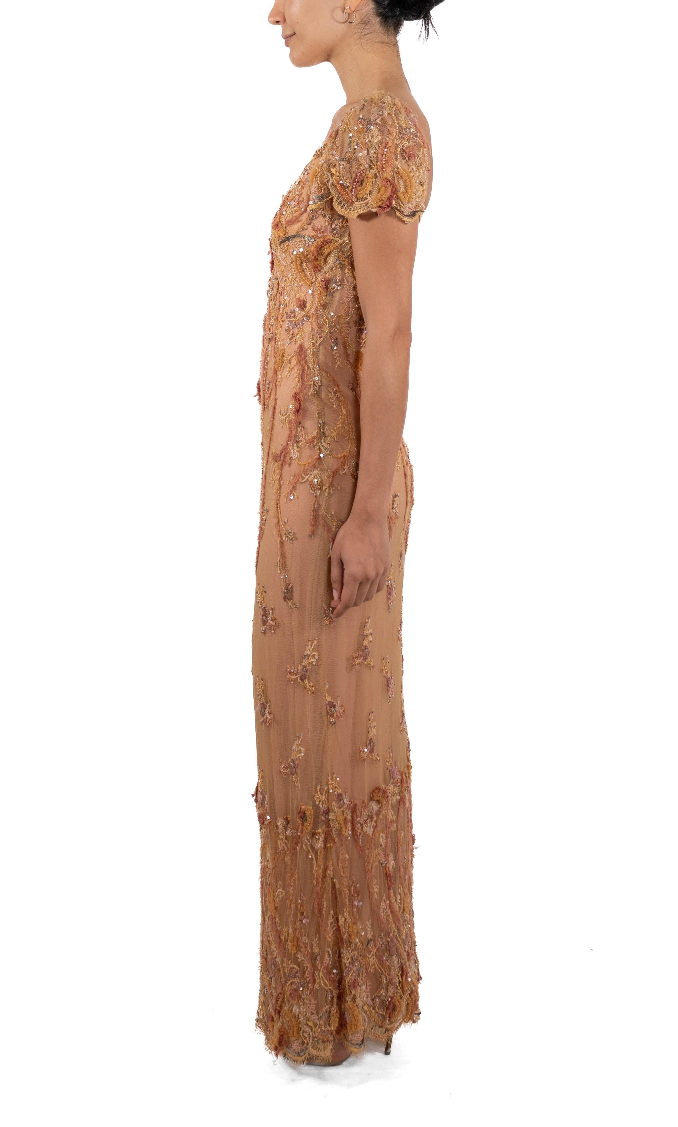 This gown retains no label, however the amount of hand-finishing points to Haute Couture or custom made quality, fully lined in silk. 1990S Peach & Cream Silk Chiffon Chantilly Lace Empire Waist Gown Covered In Beaded Embroidery 
