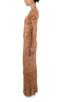 1990S Peach & Cream Silk Chiffon Chantilly Lace Empire Waist Gown Covered In Be