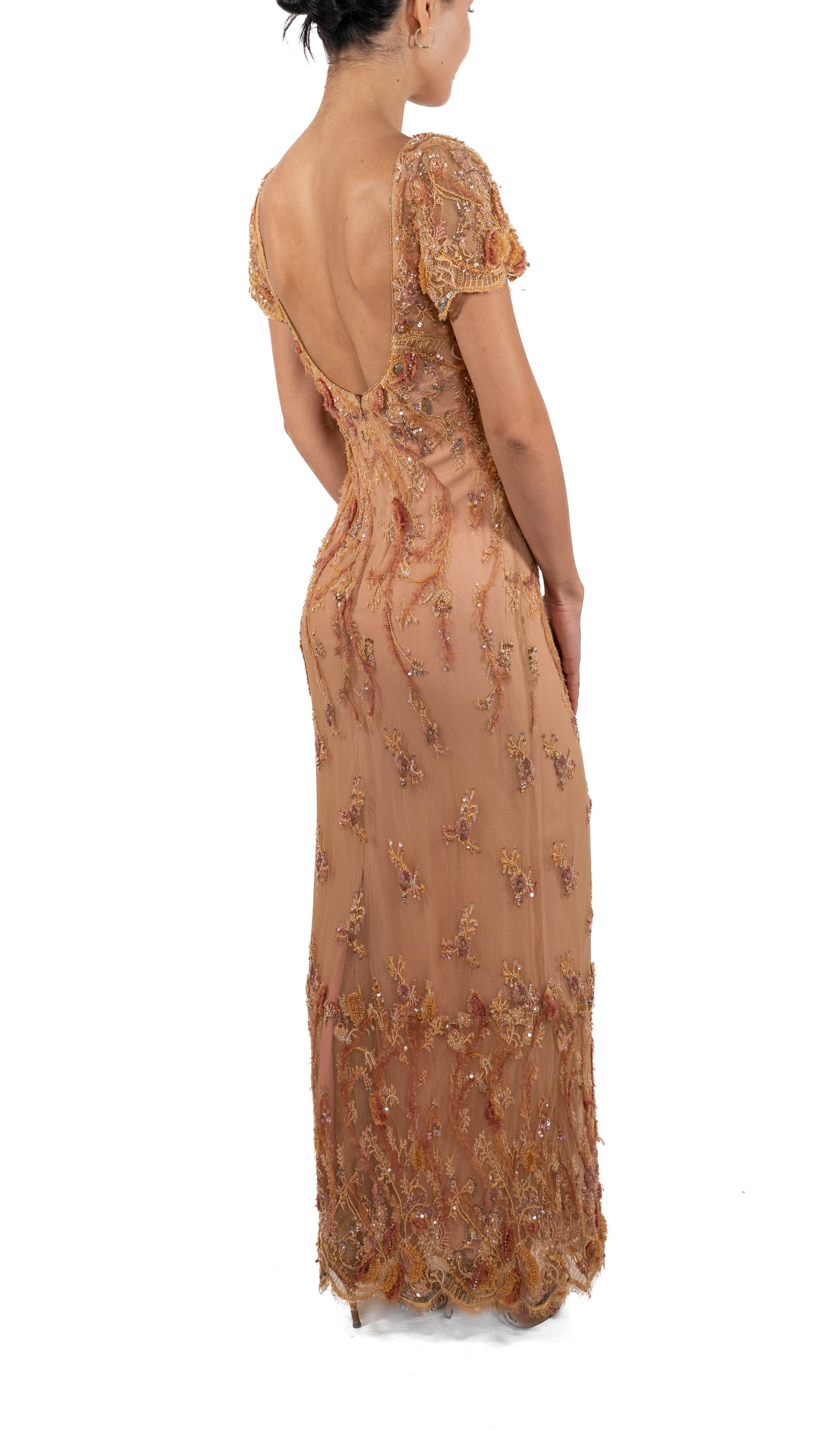 1990S Peach & Cream Silk Chiffon Chantilly Lace Empire Waist Gown Covered In Be For Sale 1