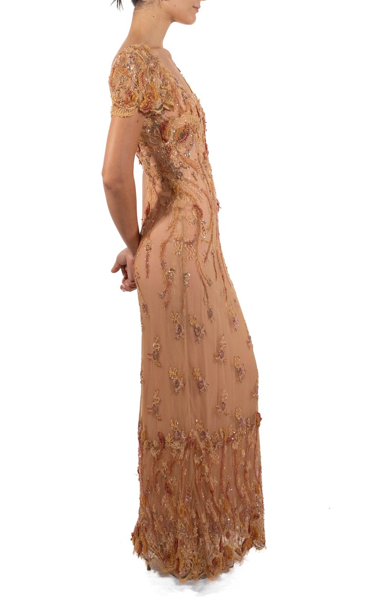 1990s Peach & Cream Silk Chiffon Chantilly Lace Empire Waist Gown Covered In Be